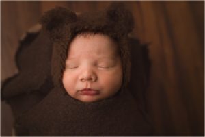 Mauldin SC Newborn Boy Photos with a little bear hat