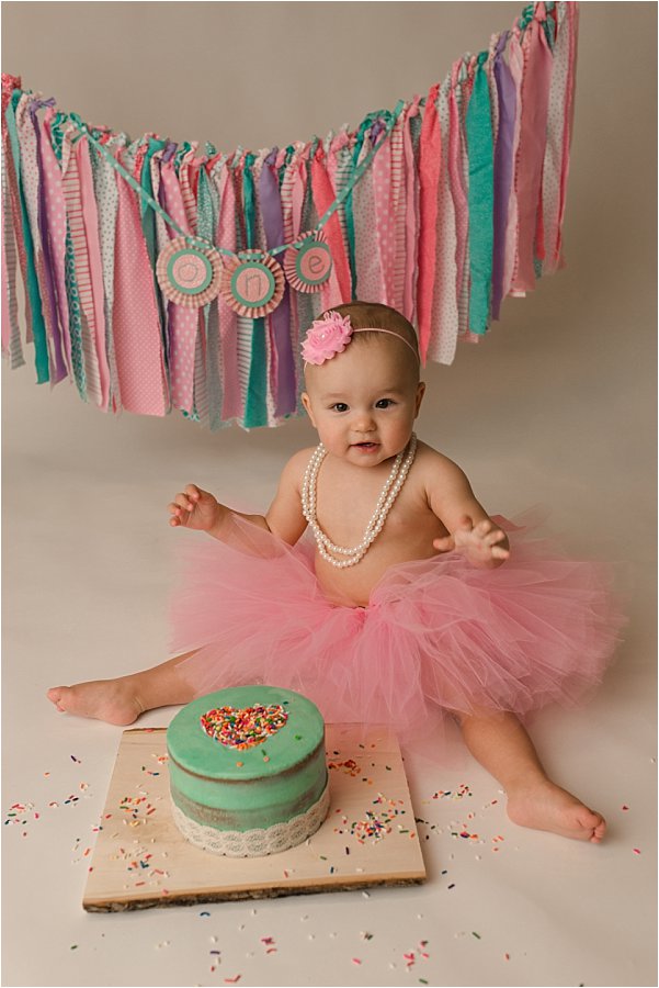 Girly Tutu and Pearls Cake Smash Photography Session Simpsonville SC Natural Greenville SC Newborn Baby Photographer Quiet Graces